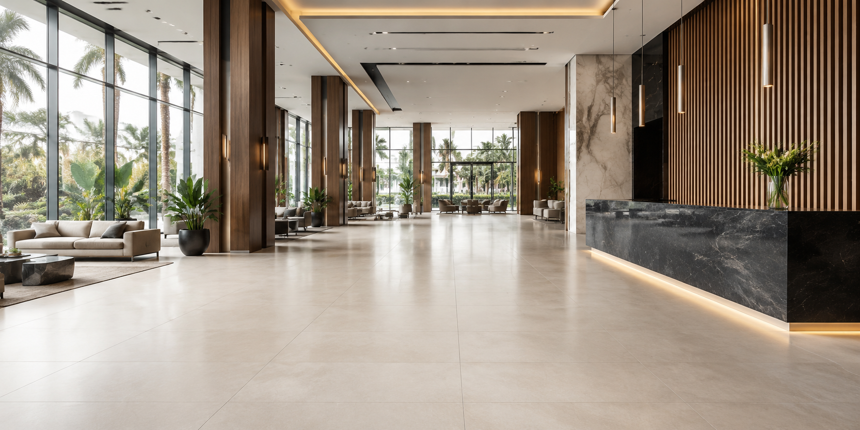 Expansive completed commercial tile installation in a luxury lobby